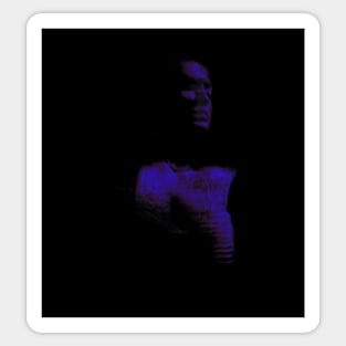 Portrait, digital collage, special processing. Beautiful girl in dark place. Breasts in bra. Violet and blue. Sticker